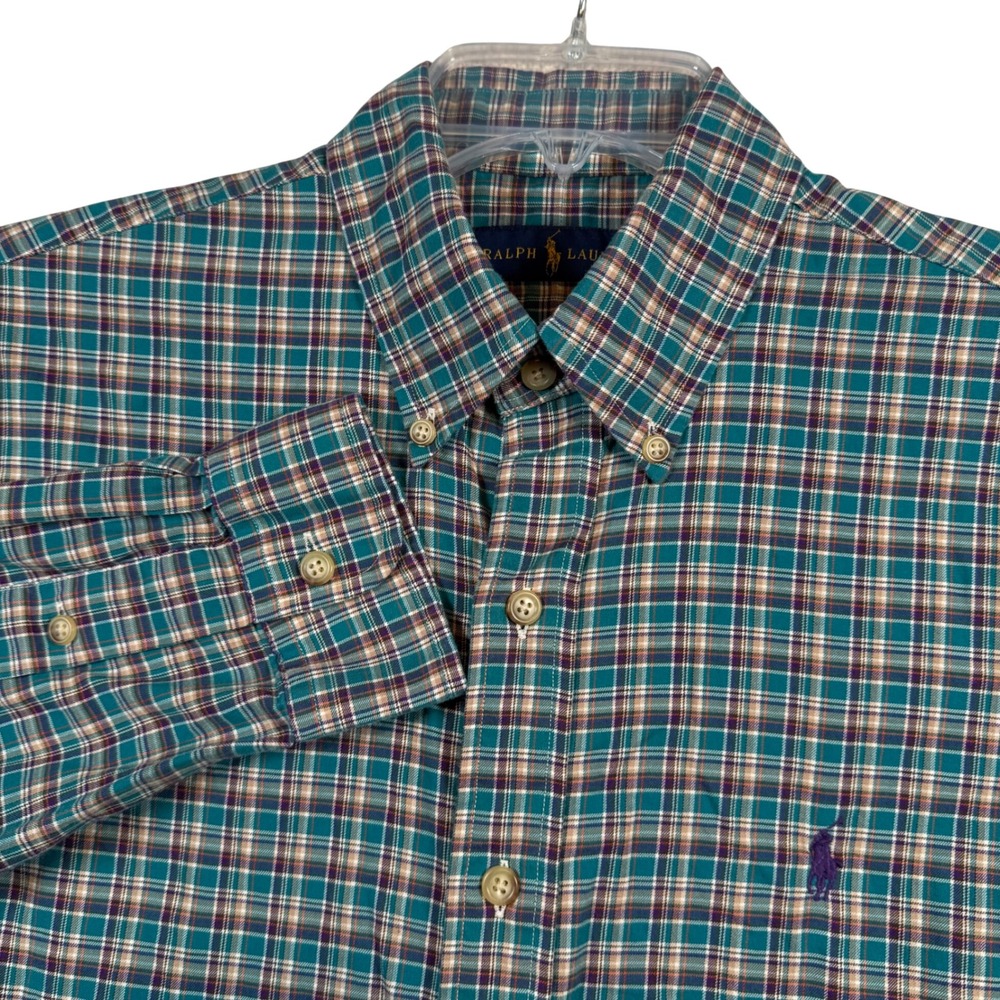 Ralph Lauren Mens Medium Plaid Button Down Shirt Teal Purple Cotton Long Sleeve